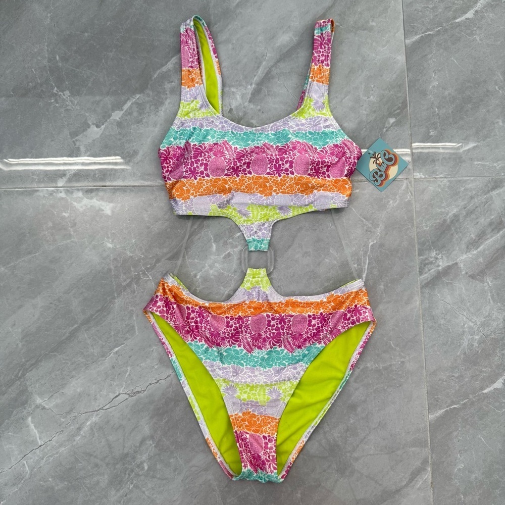 Women’s Blu C One Piece Cut Out Bikini Swimsuit Pineapple Floral Size Medium